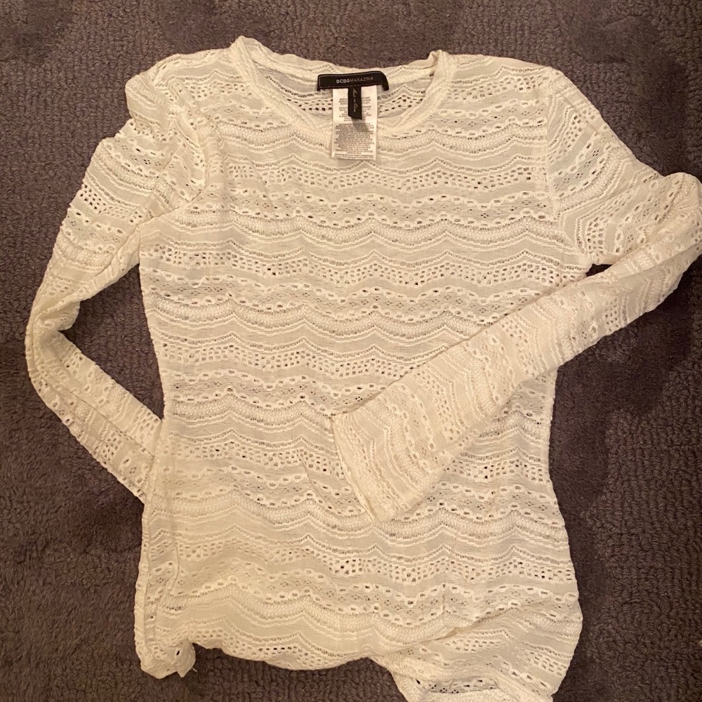 BCBG long sleeve white textured lace long sleeve top shirt